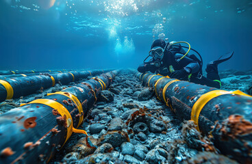 Wall Mural - Diver inspecting an underwater cable pipe for data transfer. Telecommunication pipes lay on sea