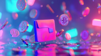 Poster - A digital wallet depicted in a 3D environment with vibrant, color-changing digital currency icons floating around it. 