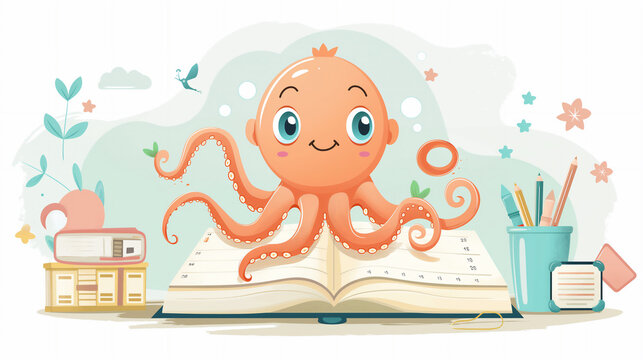 Flat design illustration of cute smiling orange Baby Octopus sitting on Notebook near folders, Pencils Holder on pastel coloured background. School time concept. Suitable for Wallpaper, Poster, Banner