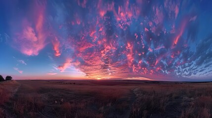 Wall Mural - beautiful sky at sunset over the plains, with pink and purple clouds in the blue sky. in front there