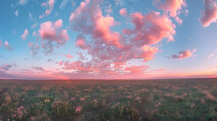 Wall Mural - beautiful sky at sunset over the plains, with pink and purple clouds in the blue sky. in front there
