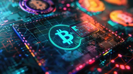Poster - A digital wallet in a 3D environment, featuring glowing blockchain networks and various digital currencies in different vivid colors.