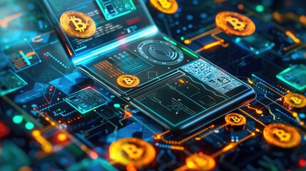 Poster - A modern, sleek digital wallet with a futuristic interface, surrounded by colorful digital coins and blockchain symbols. 
