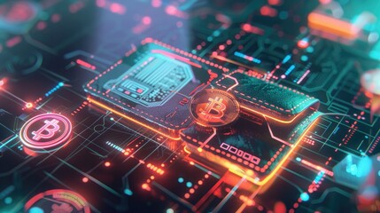 Poster - A modern, sleek digital wallet with a futuristic interface, surrounded by colorful digital coins and blockchain symbols.