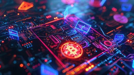Poster - A vibrant CGI render of a digital wallet with glowing cryptocurrency icons swirling around it, set against a high-tech digital background. 