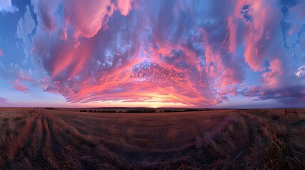 Wall Mural - beautiful sky at sunset over the plains, with pink and purple clouds in the blue sky. in front there