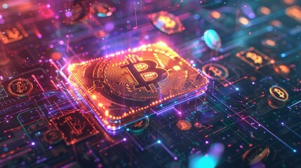 Poster - A vibrant CGI render of a digital wallet with glowing cryptocurrency icons swirling around it, set against a high-tech digital background. 