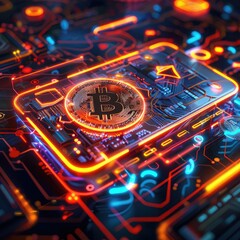 Poster - A vibrant CGI render of a digital wallet with glowing cryptocurrency icons swirling around it, set against a high-tech digital background.