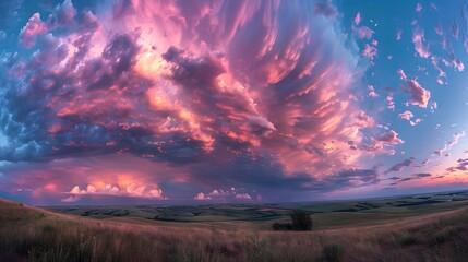 Wall Mural - beautiful sky at sunset over the plains, with pink and purple clouds in the blue sky. in front there