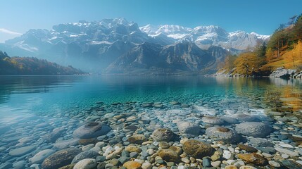 Wall Mural - A serene mountain lake nestled between rugged peaks with a view of the clear sky. reflecting the surrounding snow-capped mountains.