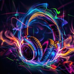 Poster - An abstract design with headphones surrounded by colorful light trails, emphasizing the immersive audio experience. 