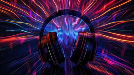 Poster - An abstract design with headphones surrounded by colorful light trails, emphasizing the immersive audio experience. 