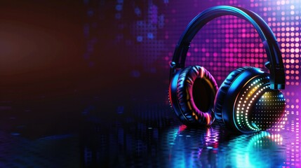 Poster - A sleek graphic design with headphones featuring dynamic, customizable LED lighting that shifts colors to the beat of the music. 