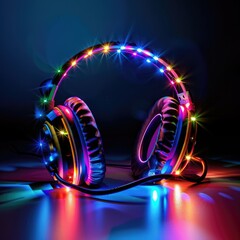 Poster - An energetic design showing headphones with flashing LED lights in a variety of vibrant colors, capturing the dynamic nature of the product. 
