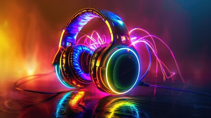 Poster - An energetic design showing headphones with flashing LED lights in a variety of vibrant colors, capturing the dynamic nature of the product. 
