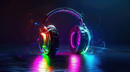 Poster - An artistic rendering of headphones with vibrant, customizable LED lights, emphasizing the variety of colors available. 