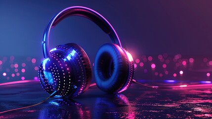 Poster - A bold and dynamic graphic design of headphones with LED lights pulsating to music, demonstrating their interactive features. 