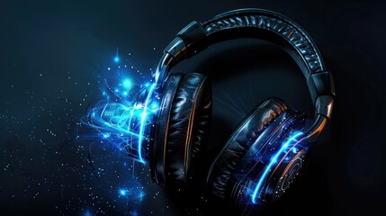 Poster - A bold and dynamic graphic design of headphones with LED lights pulsating to music, demonstrating their interactive features. 