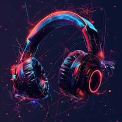 Poster - A bold and dynamic graphic design of headphones with LED lights pulsating to music, demonstrating their interactive features.