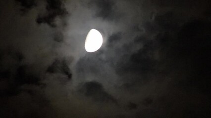 Wall Mural - halfmoon shines through the clouds floating above the ground at night.