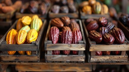 Sticker - Image of various brightly colored cacao pods arranged in rustic wooden boxes, showcasing the diversity and vibrant nature of the cacao fruit under soft natural lighting.