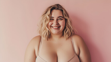 Body positivity, happy cute smiling plus size model blonde in flesh color underwear on pink background, copy space for text