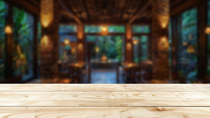 Wall Mural - Foreground featuring pristine wooden table, set against blurred backdrop of bustling restaurant at night. The table offers an excellent space for placing food-related advertisements or displays.