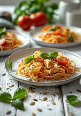 Poster - food, pasta, meal, spaghetti, plate, dish, dinner, Culinary photography of food with two small tomatoes and pumpkin seeds in the background, side view, food photos, a delicious dish with spaghetti wit