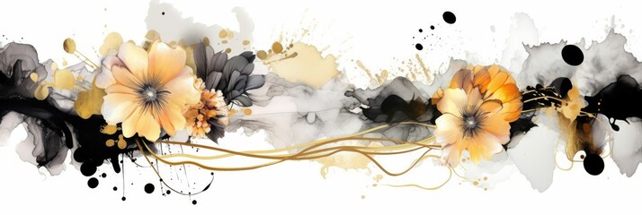 Wall Mural - Abstract luxury floral watercolor banner with gold geometric elements and splashes. Golden line with black and gold flower and decorated line arrangement with white background. Elegant design. AIG35.