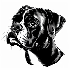 A black and white drawing of a Boxer dog