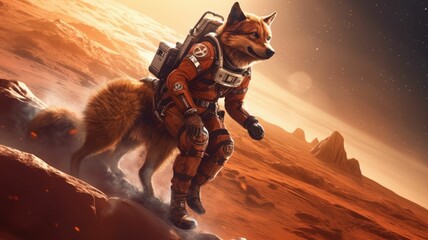 Wall Mural - astronaut with a dog on a desert alien planet. space dog wearing astronaut suit. digital art concept