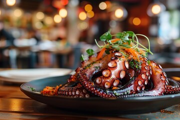 Wall Mural - Grilled octopus leg in plate on blurred restaurant background