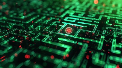 Poster - A digital maze teeming with glowing green code, a single red virus particle navigating through the labyrinth, photorealistic