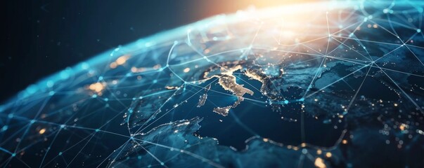 Wall Mural - map of modern technology connection on earth, panorama banner. generative ai.
