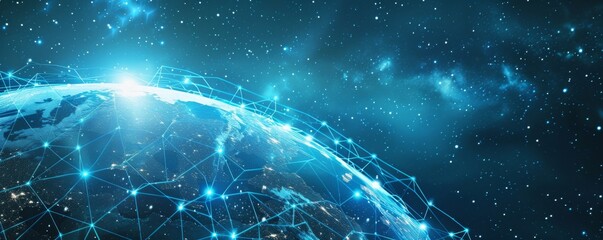 Wall Mural - map of modern technology connection on earth, panorama banner. generative ai.