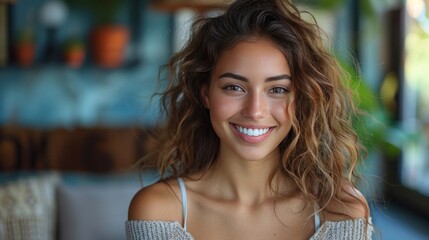 Wall Mural - Portrait of a Smiling Woman with Curly Hair