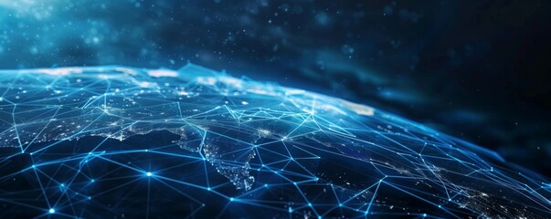 Wall Mural - map of modern technology connection on earth, panorama banner. generative ai.