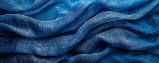 Poster - Blue linen fabric with detailed texture and wavy folds, top view in natural light against a dark background