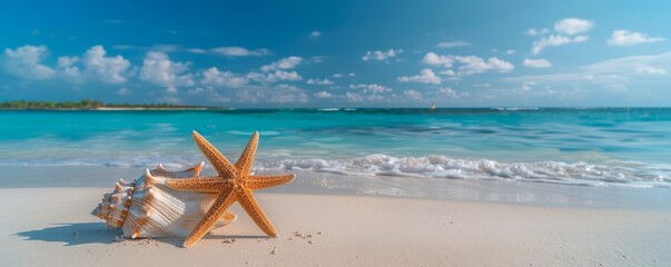 Starfish and conch shells resting on white sand, blue sea in the background