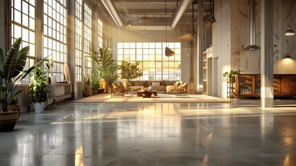 Wall Mural - Spacious loft bathed in golden afternoon sunlight, which streams in through large, industrial windows, casting dynamic shadows across polished concrete floors.