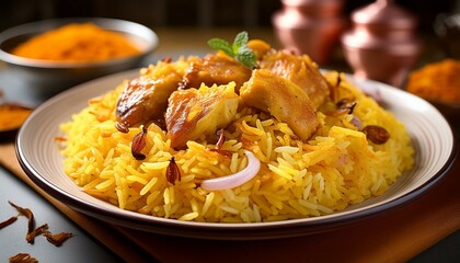 Wall Mural - Closeup of a plate of biryani, with vibrant saffron rice, succulent pieces of chicken, and fried onions on top