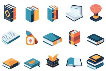 Wall Mural - A collection of 2D icons for educational apps and websites. The set includes symbols for books, classes, and exams, all designed with simplicity and clarity. These icons are ideal for educational