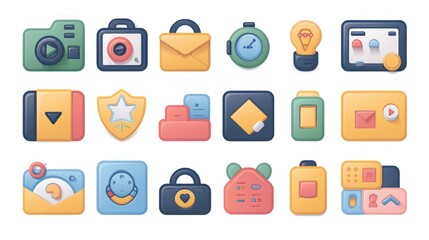 Wall Mural - A set of 2D icons designed for application menus and websites. The icons include various symbols such as a hamburger menu, user profile, and home. Each icon is depicted in a minimalistic style with