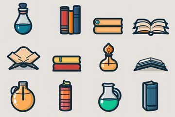 Wall Mural - A collection of 2D icons for educational apps and websites. The set includes symbols for books, classes, and exams, all designed with simplicity and clarity. These icons are ideal for educational