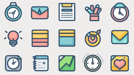 Wall Mural - A collection of 2D icons for productivity apps and websites. The set includes symbols for tasks, calendar, and reminders, all designed with a clean and straightforward aesthetic. These icons are