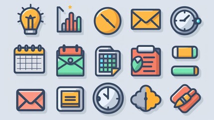Wall Mural - A collection of 2D icons for productivity apps and websites. The set includes symbols for tasks, calendar, and reminders, all designed with a clean and straightforward aesthetic. These icons are