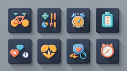 Wall Mural - A variety of 2D icons for health and fitness apps and websites. The set includes symbols for workouts, diet, and health tracking, all designed with a clean and modern look. These icons are ideal for