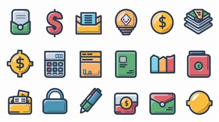 Wall Mural - A set of 2D icons for financial applications and websites. This collection includes symbols for transactions, wallets, and bank accounts, all designed with simplicity and clarity. These icons are