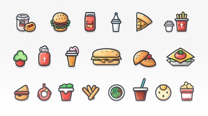 Wall Mural - A collection of 2D icons for food delivery apps and websites. The set includes symbols for restaurants, delivery, and orders, all designed with a clean and contemporary aesthetic. These icons are