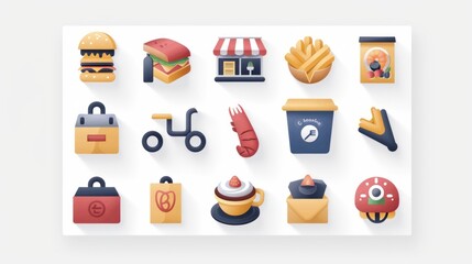 Wall Mural - A collection of 2D icons for food delivery apps and websites. The set includes symbols for restaurants, delivery, and orders, all designed with a clean and contemporary aesthetic. These icons are